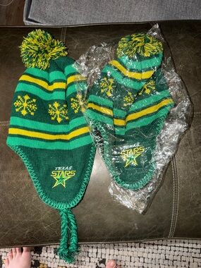 Two BNWOT Texas Stars Green & Yellow Knit Pom Earflap Beanie